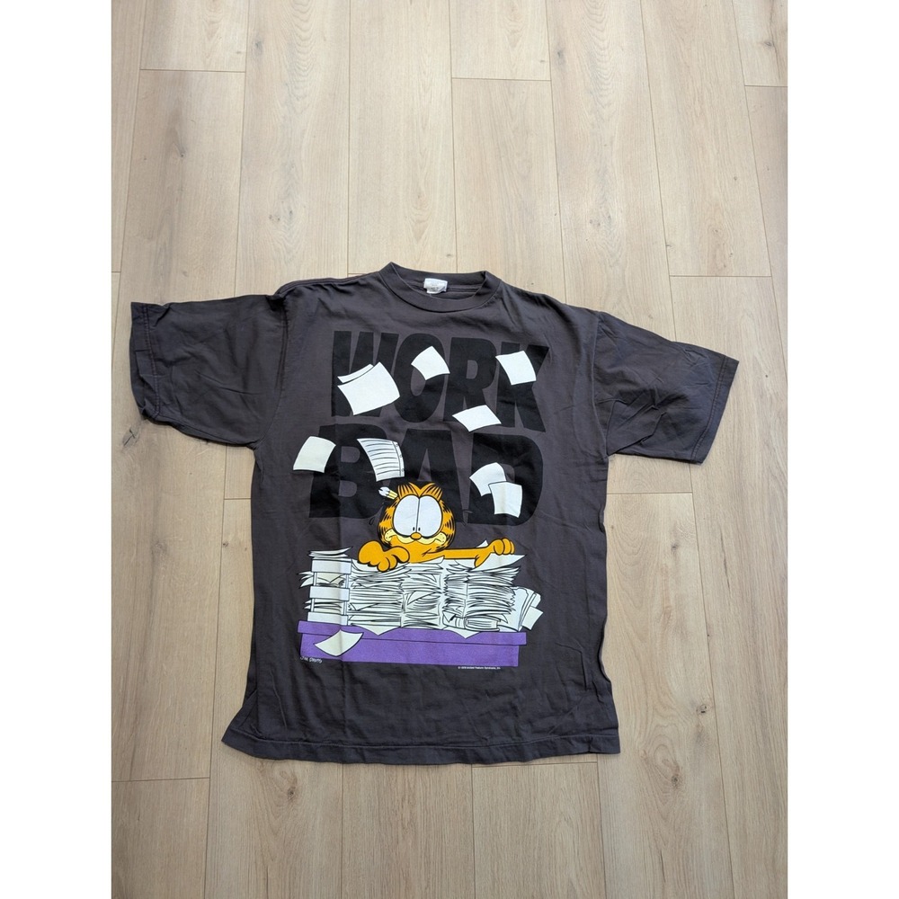 VINTAGE 1978 TREND BASICS GARFIELD WORK BAD SLEEP GOOD ALL OVER‎ PRINT T-SHIRT L